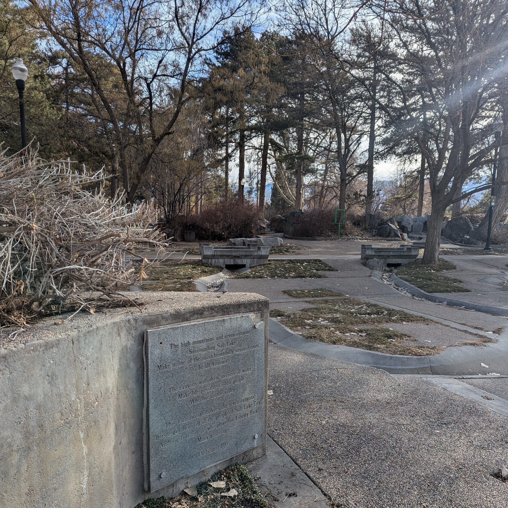 photograph of part of the current seven canyons fountain, which has trenches for flowing water that model the seven creeks that flow into the Jordan River