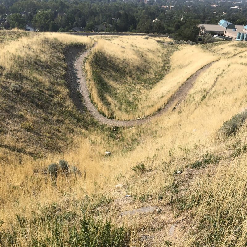 a grassy foothill image with a trail running through it
