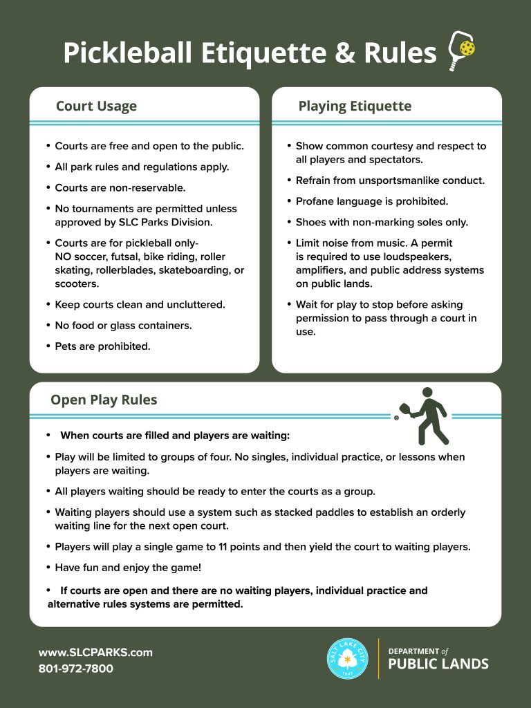 Sign posted around SLC pickleball courts with rules and etiquette. Symbols included on the sign are a stick figure playing pickleball, paddle, parks link and phone number, and the SLC logo.