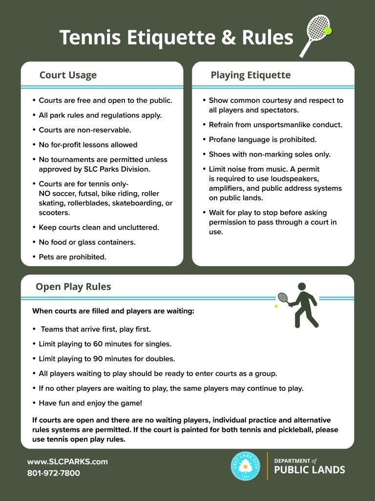 Sign posted around SLC tennis courts with rules and etiquette. Symbols included on the sign are a stick figure playing tennis, racket, parks link and phone number, and the SLC logo.