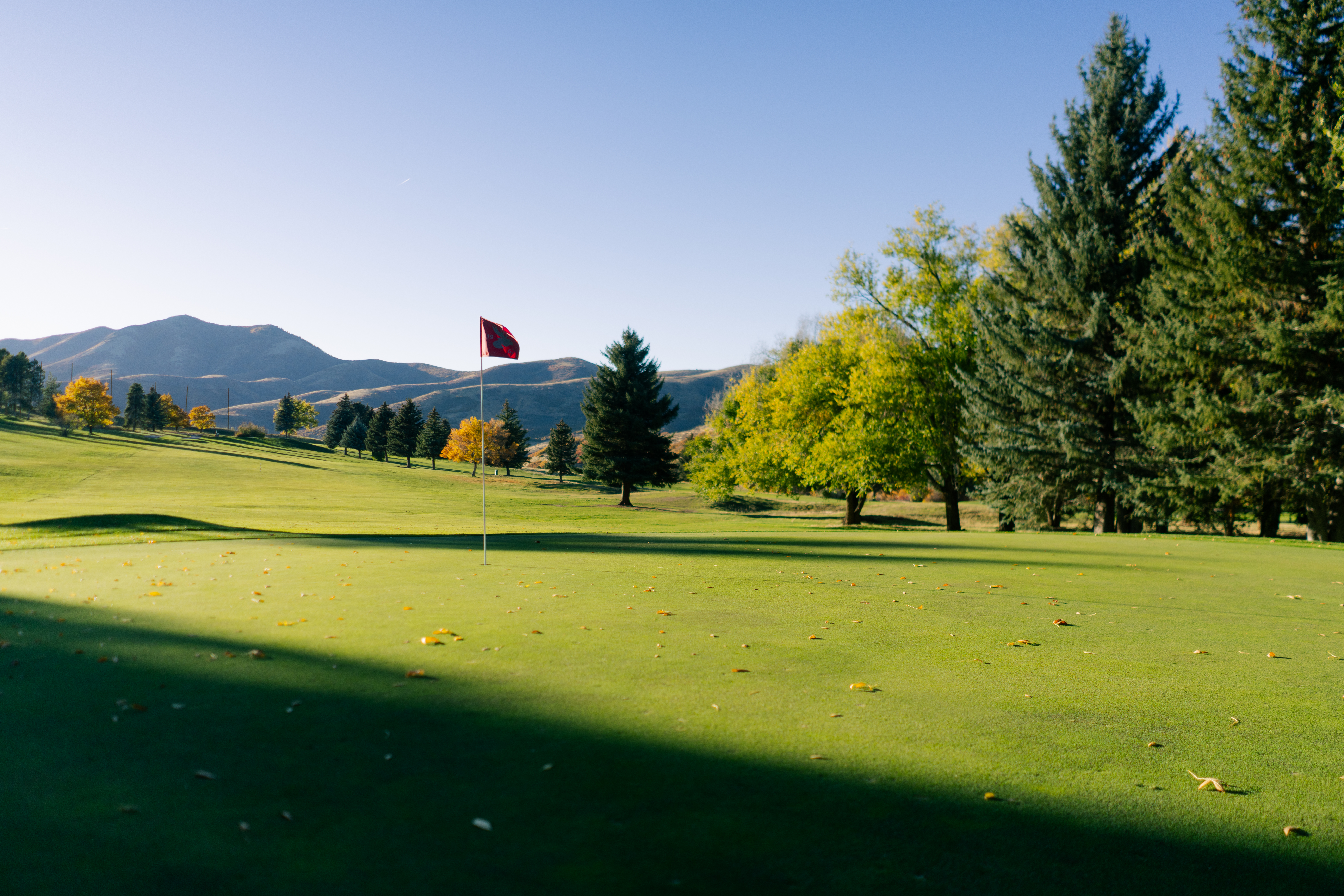 a red flag on a golf course marks the hole location.