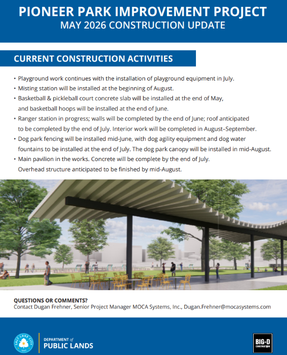 Current Construction Activities:
• Playground work continues with the installation of playground equipment in July.
• Misting station will be installed at the beginning of August.
• Basketball & pickleball court concrete slab will be installed at the end of May,
and basketball hoops will be installed at the end of June.
• Ranger station in progress; walls will be completed by the end of June; roof anticipated
to be completed by the end of July. Interior work will be completed in August–September.
• Dog park fencing will be installed mid-June, with dog agility equipment and dog water
fountains to be installed at the end of July. The dog park canopy will be installed in mid-August.
• Main pavilion in the works. Concrete will be complete by the end of July.
Overhead structure anticipated to be finished by mid-August
Questions or comments? Contact Dugan Frehner, Senior Project Manager MOCA Systems, Inc., Dugan.Frehner@mocasystems.com