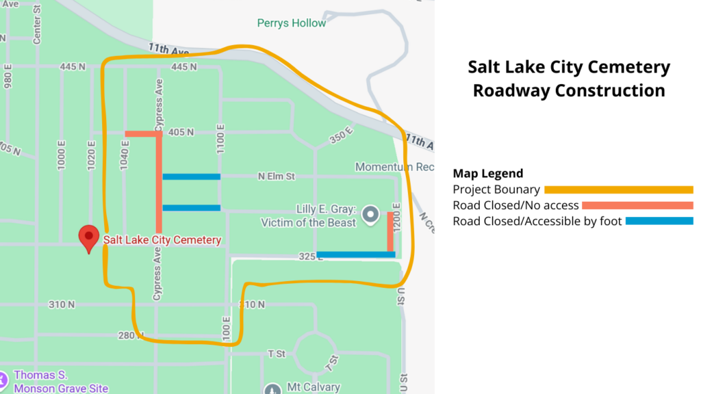 Map of the City Cemetery Roadway Construction. The road is closed but accessible by foot from on Elm Street and 355 N from Cypress Ave to 1100 and on 325 E from 350 E to 1200 E. The road is closed with no access on 405 N from 1040 E to Cypress Ave, on Cypress Ave from 405 N to 330 N, and on 1200 E from 355 N to 324 E.