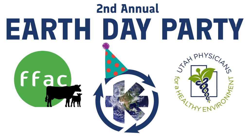 2nd Annual Earth Day Party with FFAC, Kiitos Brewing, and Utah Physicians for a Healthy Environment Logos. The Kiitos logo has a party hat graphic.