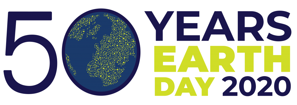 Earth Day Network's text image for Earth Day. Text reads "50 Years Earth Day 2020." The 0 in 50 is filled in to look like the globe.