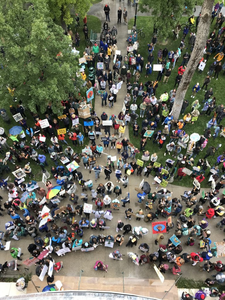 Aerial photograph of youth gathered outside of north steps of Salt Lake City's City & County building for the climate strike. 