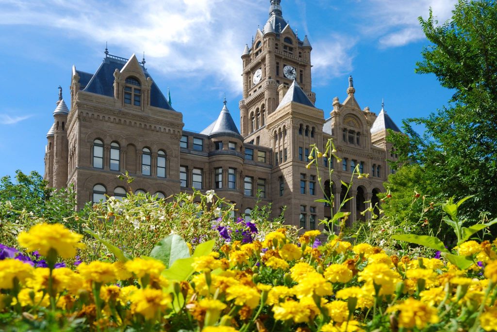 Salt Lake City & County Building from Water Wise Garden in Washington Square.