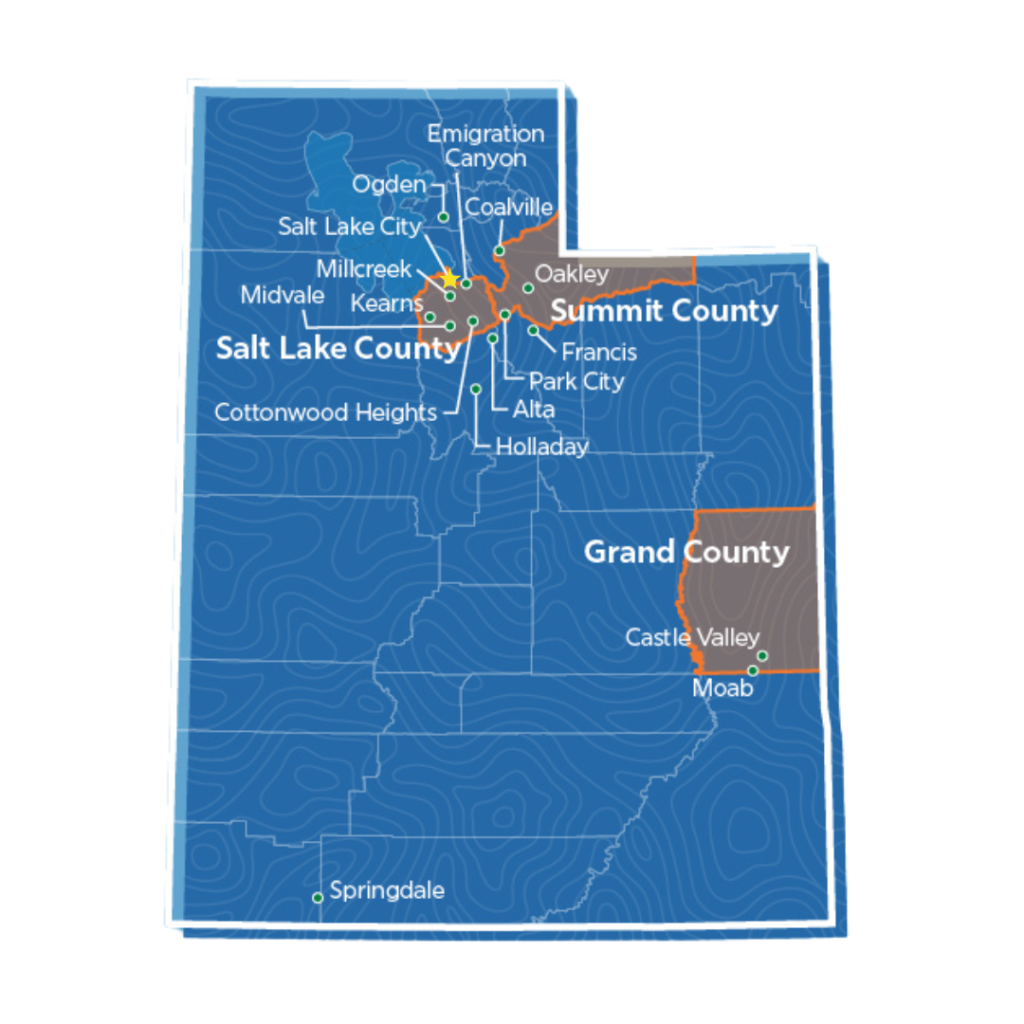 A map of Utah showing the geographic dispersion of communities participating in the Community Clean Energy Program. Salt Lake City and the other 18 communities are labeled on the map, including Ogden, Coalville, Oakley, Francis, Park City, Summit County, Salt Lake County, Alta, Emigration Canyon, Millcreek, Midvale, Kearns, Cottonwood Heights, Holladay, Grand County, Castle Valley, Moab, and Springdale.