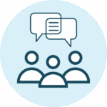 Icon of three figures with speech bubbles above them on a light blue circle background.