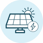 Icon of a solar panel with a small lightning bolt and partial sun symbols on light blue circle background.