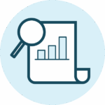 Icon of a magnifying glass over a document with a bar graph, on a light blue circle background.