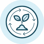 Icon of a plant sprouting in a small pile of soil, surrounded by arrows in a cyclical design on a light blue circle background.