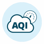 Icon of a cloud with AQI (air quality incentives) in the middle, and a gauge symbol, on a light blue circle background.