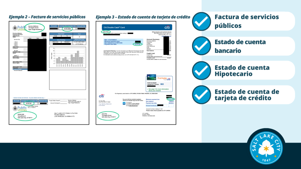 Ejemplo 2 – Factura de servicios públicos Ejemplo 3 – Estado de cuenta de tarjeta de crédito Factura de servicios públicos. Estado de cuenta bancario. Estado de cuenta Hipotecario Estado de cuenta de tarjeta de crédito