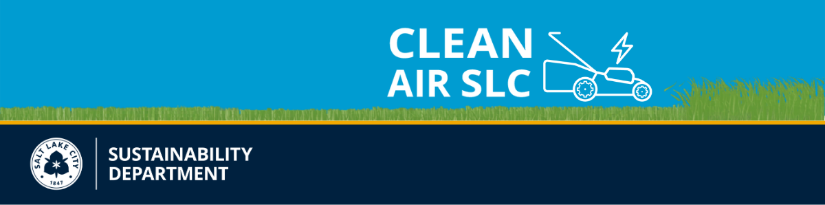 Logo for the Sustainability Department's "Clean Air SLC" spring/summer program, featuring an outline of a lawn mower with a lightning bolt above it to represent electric landscaping equipment.