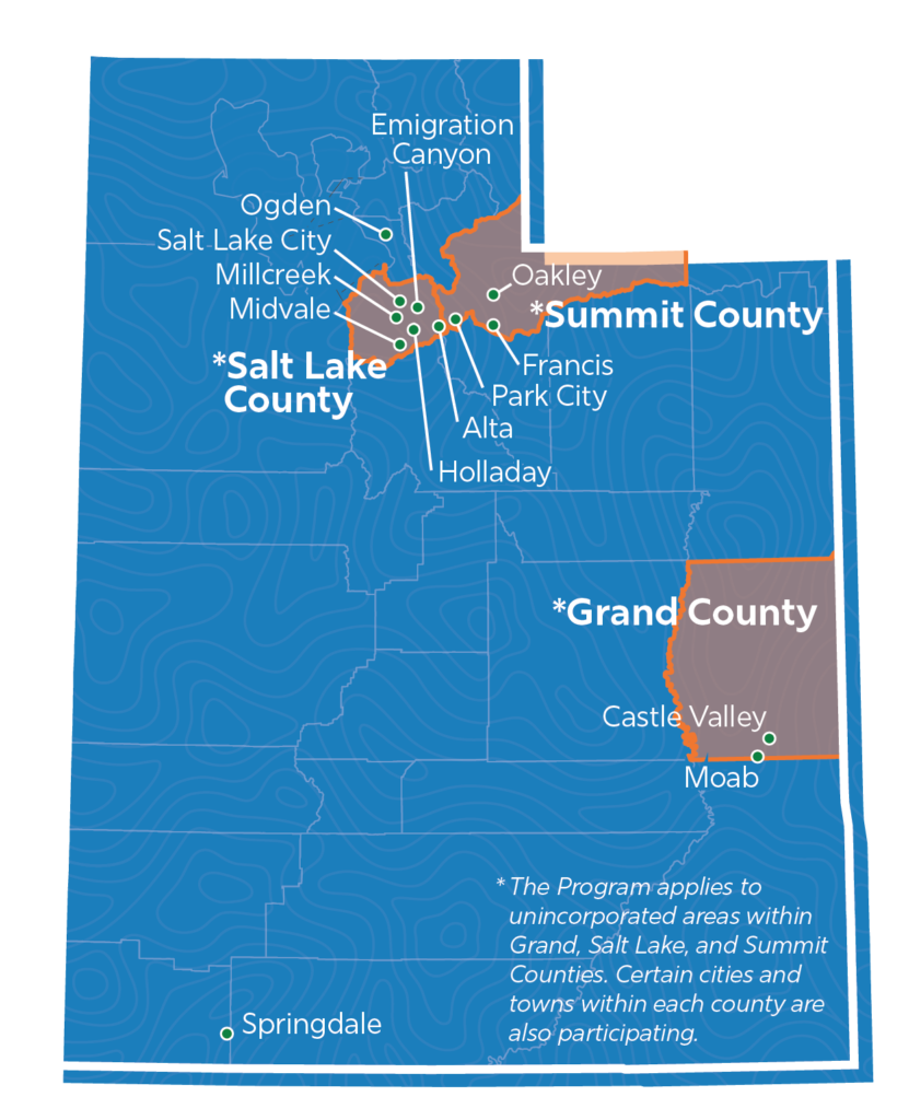 A map of Utah showing the geographic dispersion of the 16 communities participating in the Community Clean Energy Program. The 16 communities are labeled on the map, including Ogden, Oakley, Francis, Park City, Summit County, Salt Lake County, Alta, Emigration Canyon, Millcreek, Midvale, Salt Lake City, Holladay, Grand County, Castle Valley, Moab, and Springdale. The Program applies to unincorporated areas within Grand, Salt Lake, and Summit Counites. Certain cities and towns within each county are also participating.