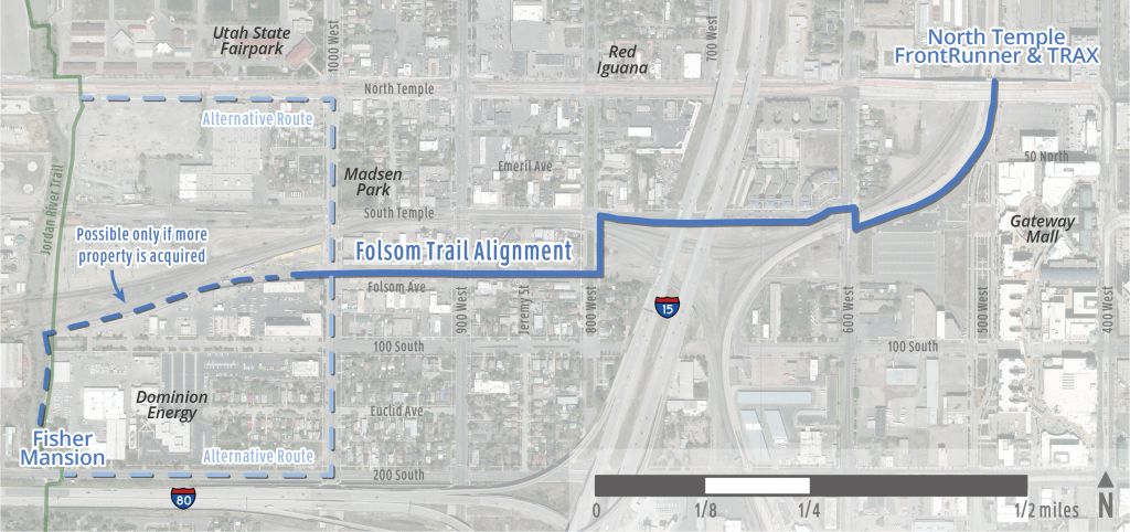 Map showing Folsom Trail Alignment, alternative routes, and local landmarks.