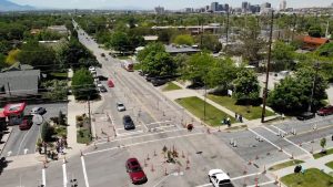 An aerial image of a pop-up roundabout demonstration at the intersection of 900 South and 1100 East.