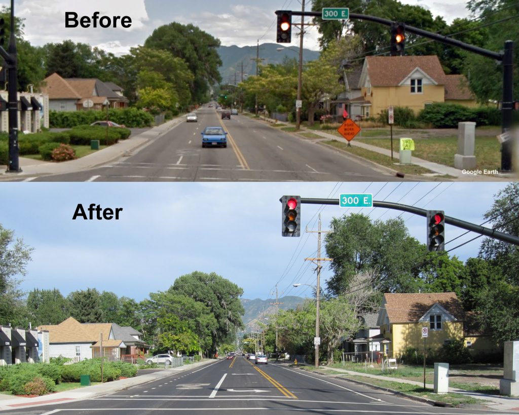 A picture of 1300 South before and after a lane reconfiguration project.
