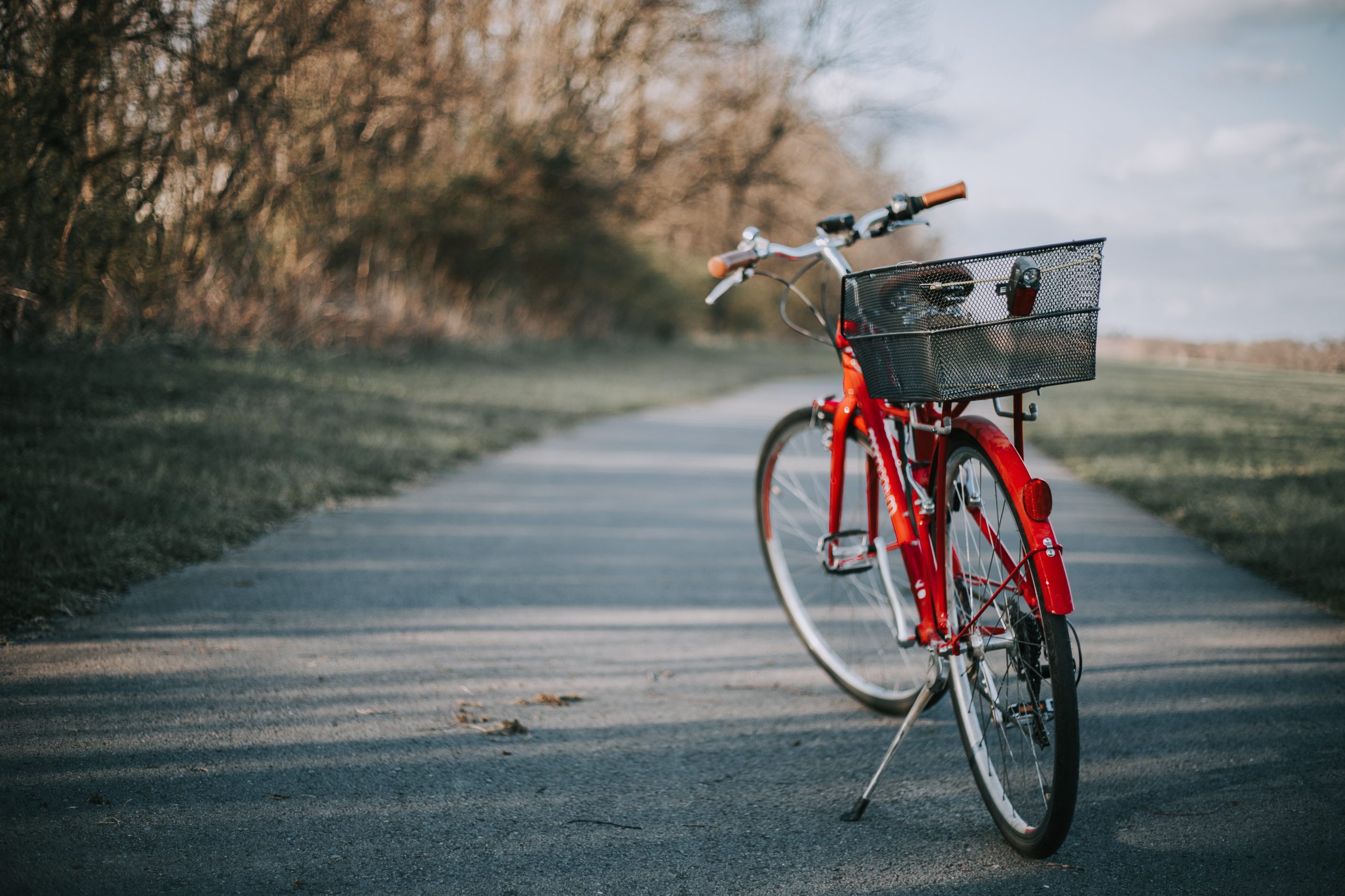 A picture of a red bicycle parked on a paved trail.
