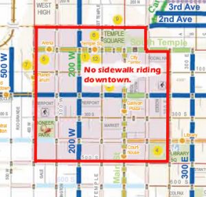 A map showing where riding bikes on the sidewalk is prohibited in downtown Salt Lake City.