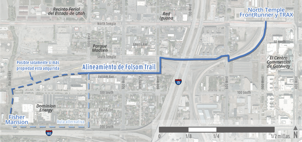 Mapa que muestra la alineación propuesta de Folsom Trail en una ciudad, marcada con una línea azul desde Fisher Mansion hasta North Temple FrontRunner y TRAX.