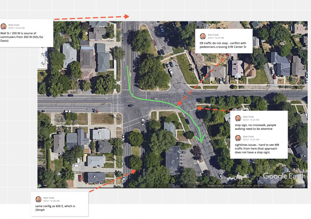 A map with public comments about the intersection of 600 North and 200 West.