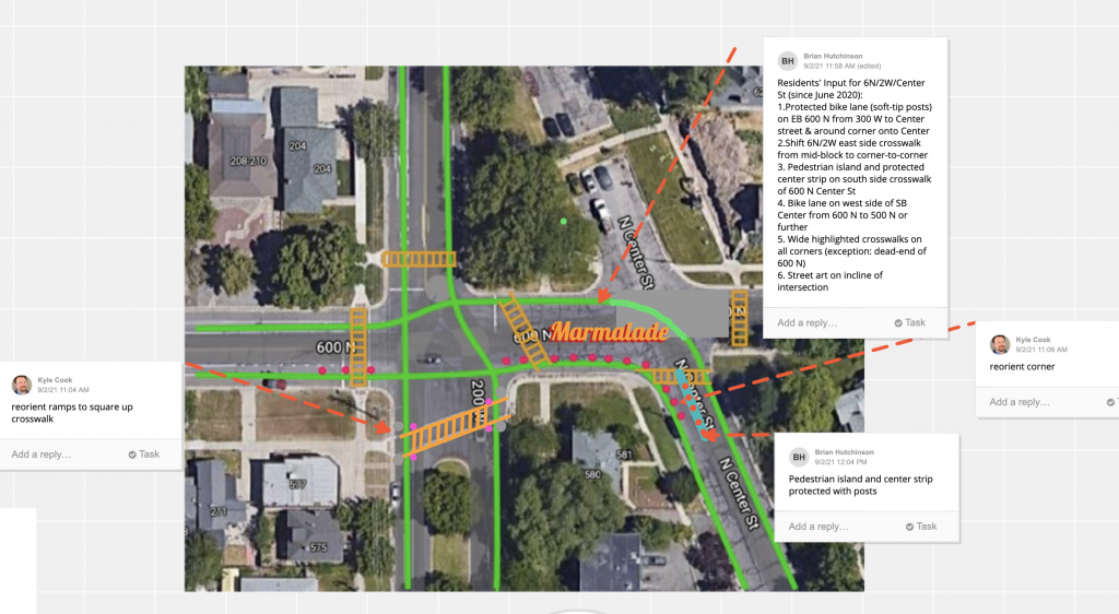 A map with public comments about the intersection of 600 North and 200 West.