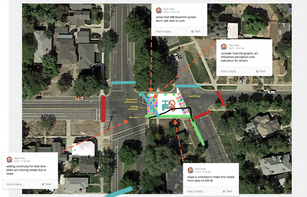 A map with public comments about the intersection of 600 North and 200 West.