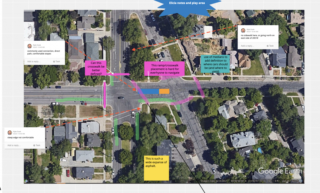 A map with public comments about the intersection of 600 North and 200 West.
