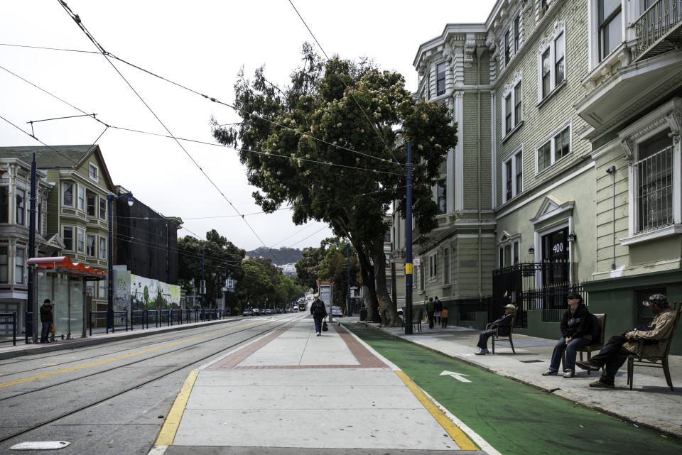 Example of a bus boarding island in San Francisco | July 30, 2013 (Photo Credit: SFMTA)