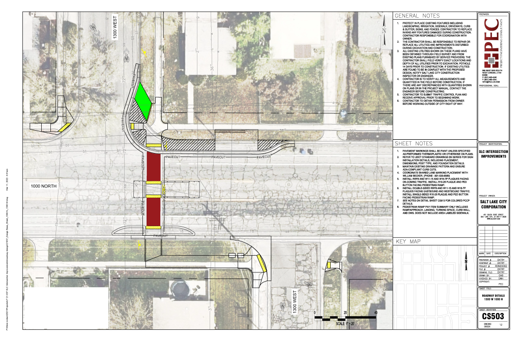 A diagram of the 1300 West and 1000 North intersection. The crosswalk is upgraded with concrete curb extensions and a pedestrian refuge island that shortens the crossing distance for people walking. The bus stop has been upgraded with a large concrete pad. 
