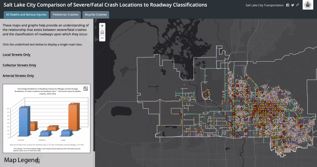 A screenshot of a dashboard depicting severe and fatal crash locations.
