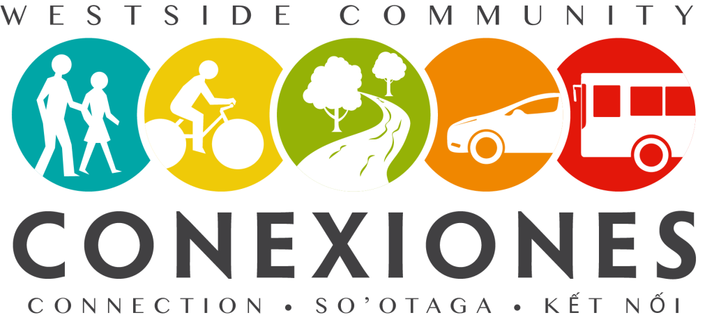 5 icons with people walking, bicycling, trails, car and bus with the words Westside Community Conexiones • Connections • So' Otaga • Kết Nối