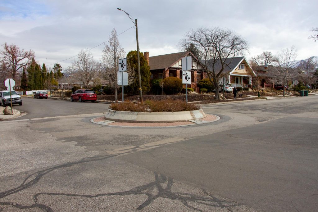 A traffic circle in the Sugar House area.