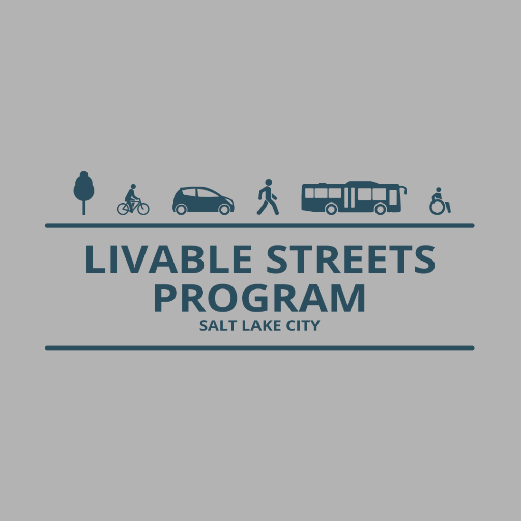 Livable Streets Program logo which consists of simple graphics of people walking, cycling, driving, using transit, and using a wheelchair atop text that reads Livable Streets Program Salt Lake City.