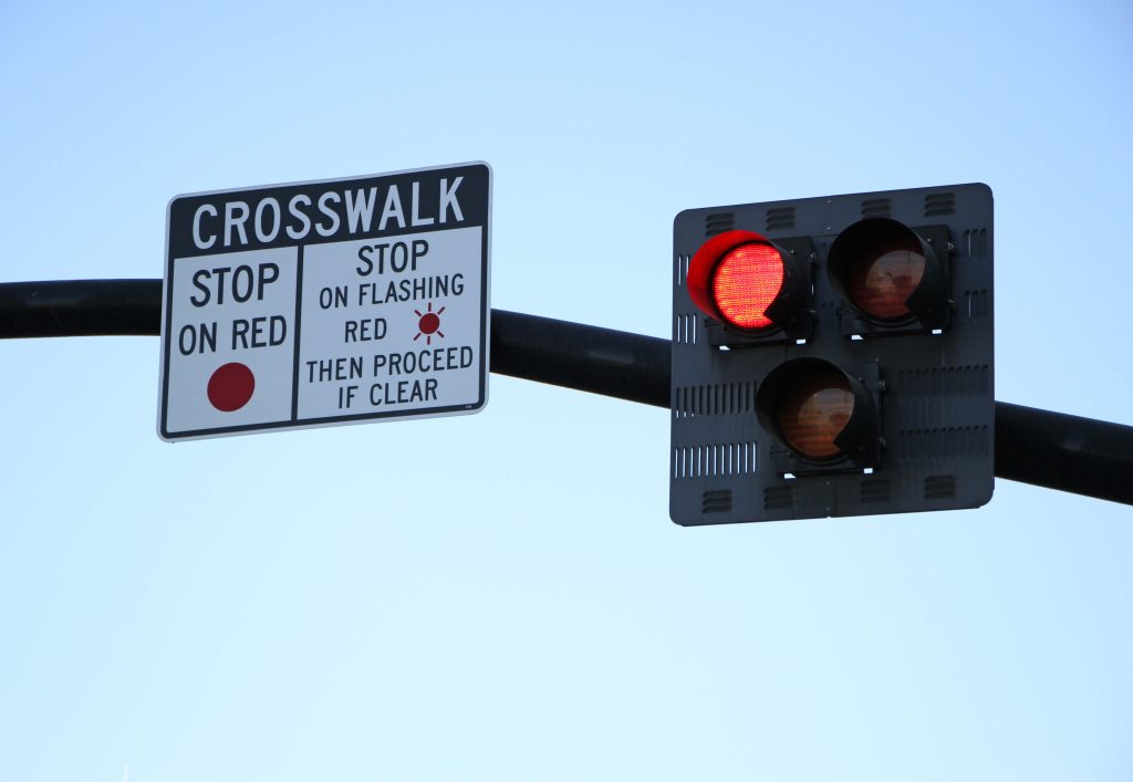Close up view of the signal head on a High-Intensity Activated crossWalK beacon.