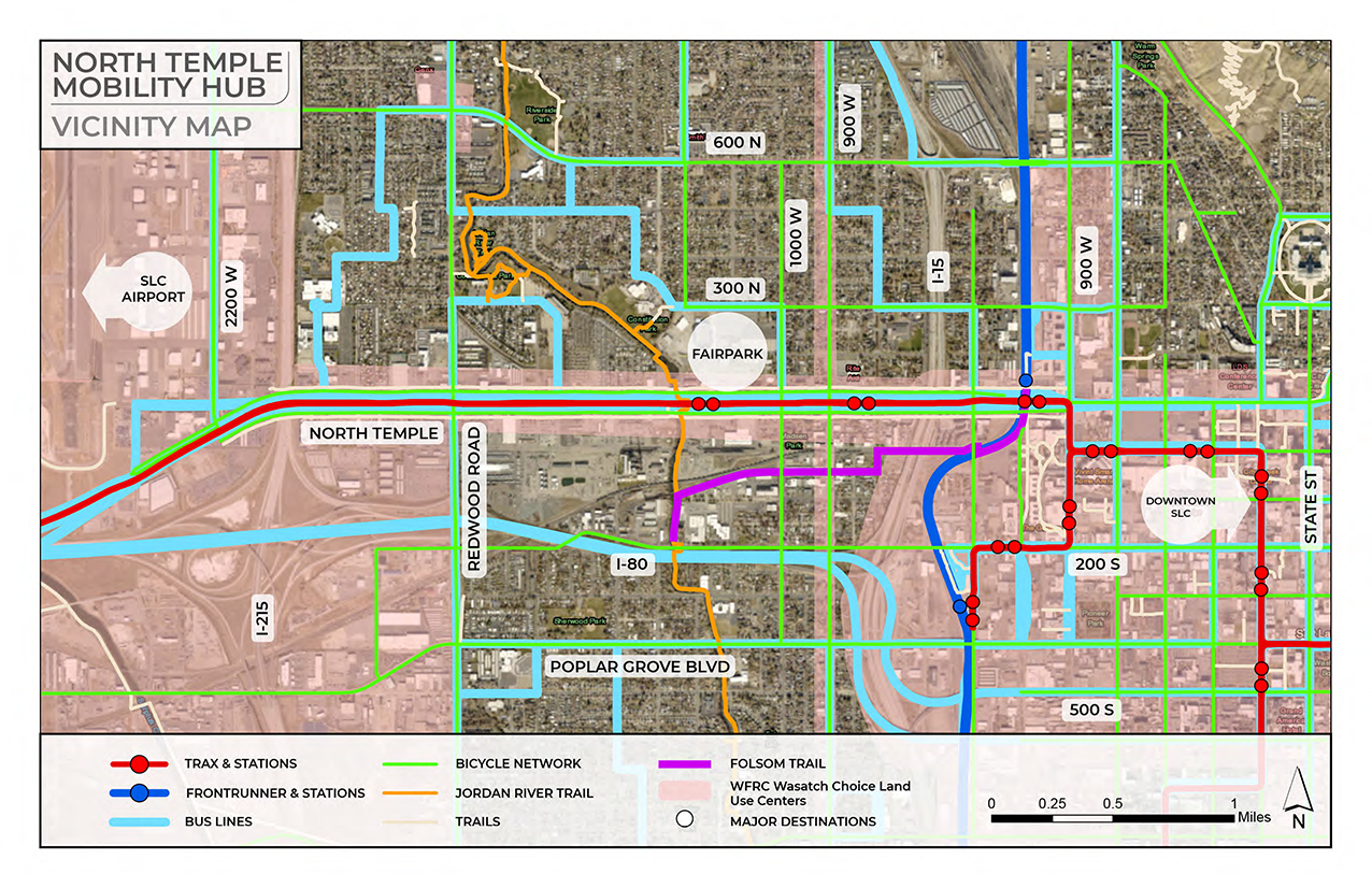 A map of the North Temple Mobility Hub and the surrounding area. 