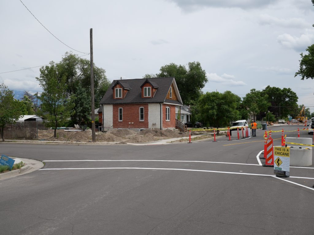 A picture of the temporary chicane on Emery Street.