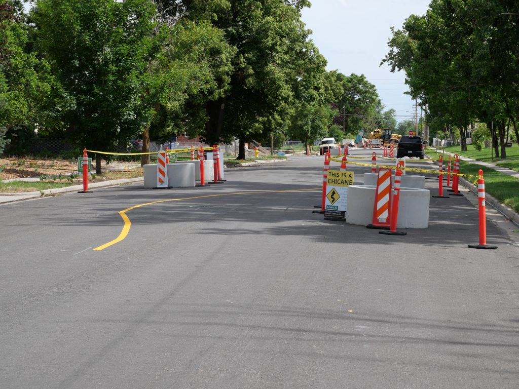 A picture of the temporary chicane on Emery Street.