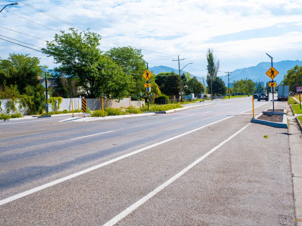 A picture of the enhanced crosswalk at 1300 West and 1700 South.