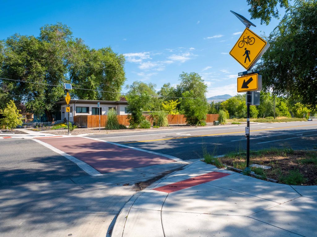 A picture of the enhanced crosswalk at Emery Street and 400 South.