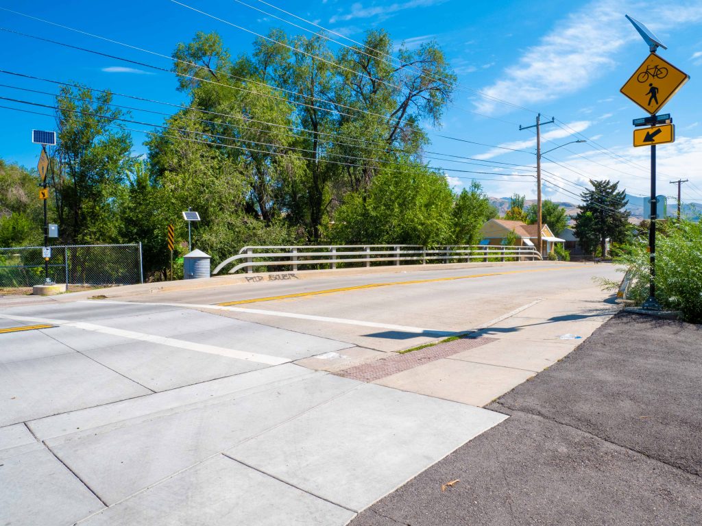 A picture of the enhanced crosswalk where the Jordan River Trail crosses 500 North.