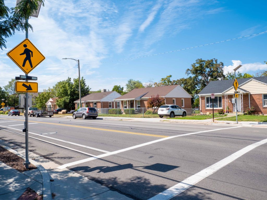 A picture of the enhanced crosswalk at Stratford Avenue and 2000 East.