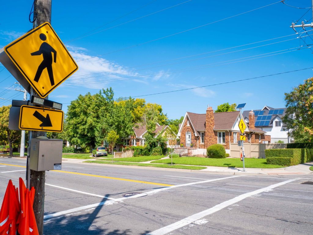 A picture of the enhanced crosswalk at 1900 East and 2100 South.