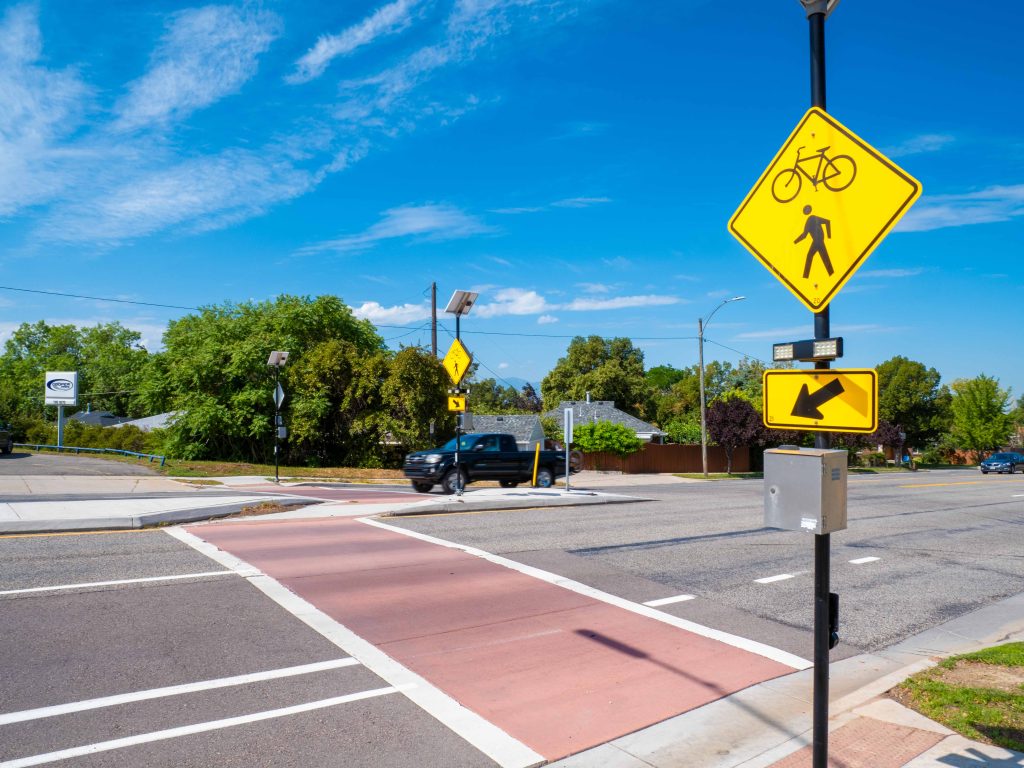 A picture of the enhanced crosswalk at Wyoming Street and Parley's Way.