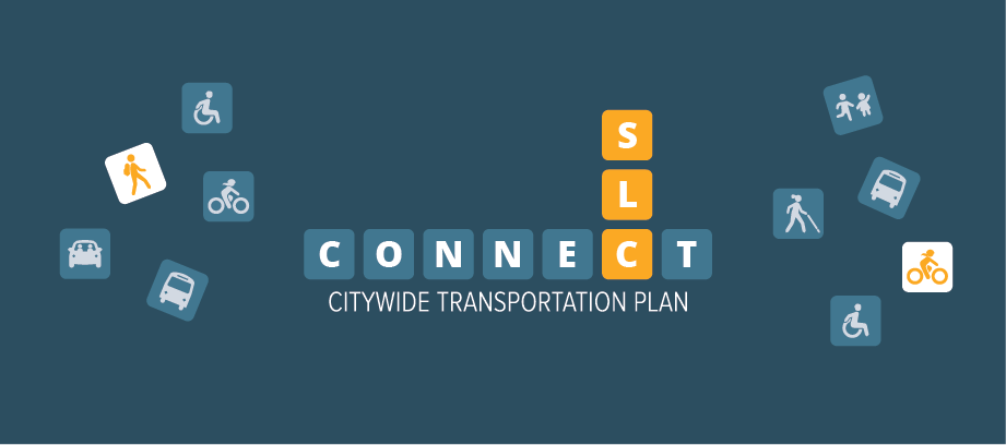 The Salt Lake City Citywide Transportation Plan logo, with the word "CONNECT" in colored blocks and various transportation icons surrounding it.