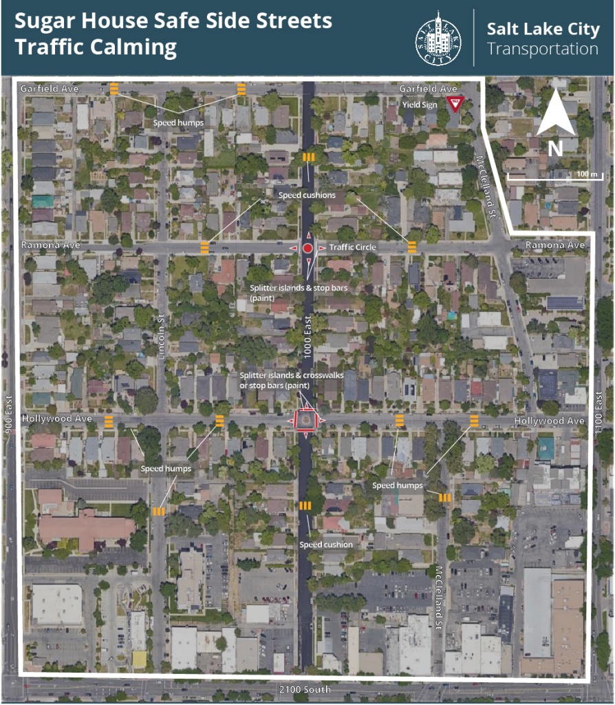 A map of the locations of where Salt Lake City installed traffic calming between 2100 South and Garfield Ave and 900 East and 1100 East.