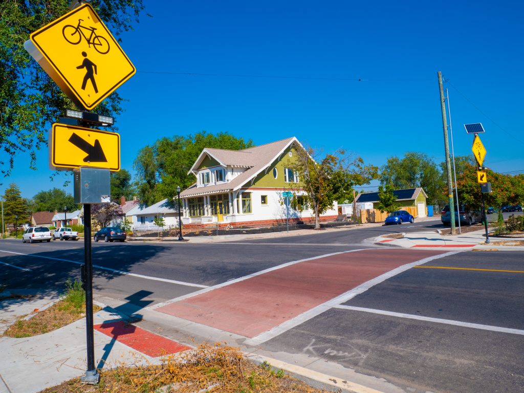 A picture of the enhanced crosswalk at Cheyenne Street and Indiana Avenue.