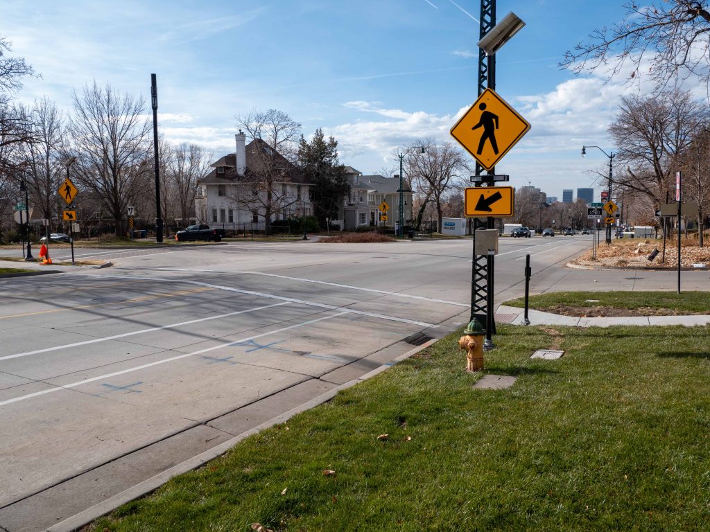 A picture of the enhanced crosswalk at 1200 East and South Temple.